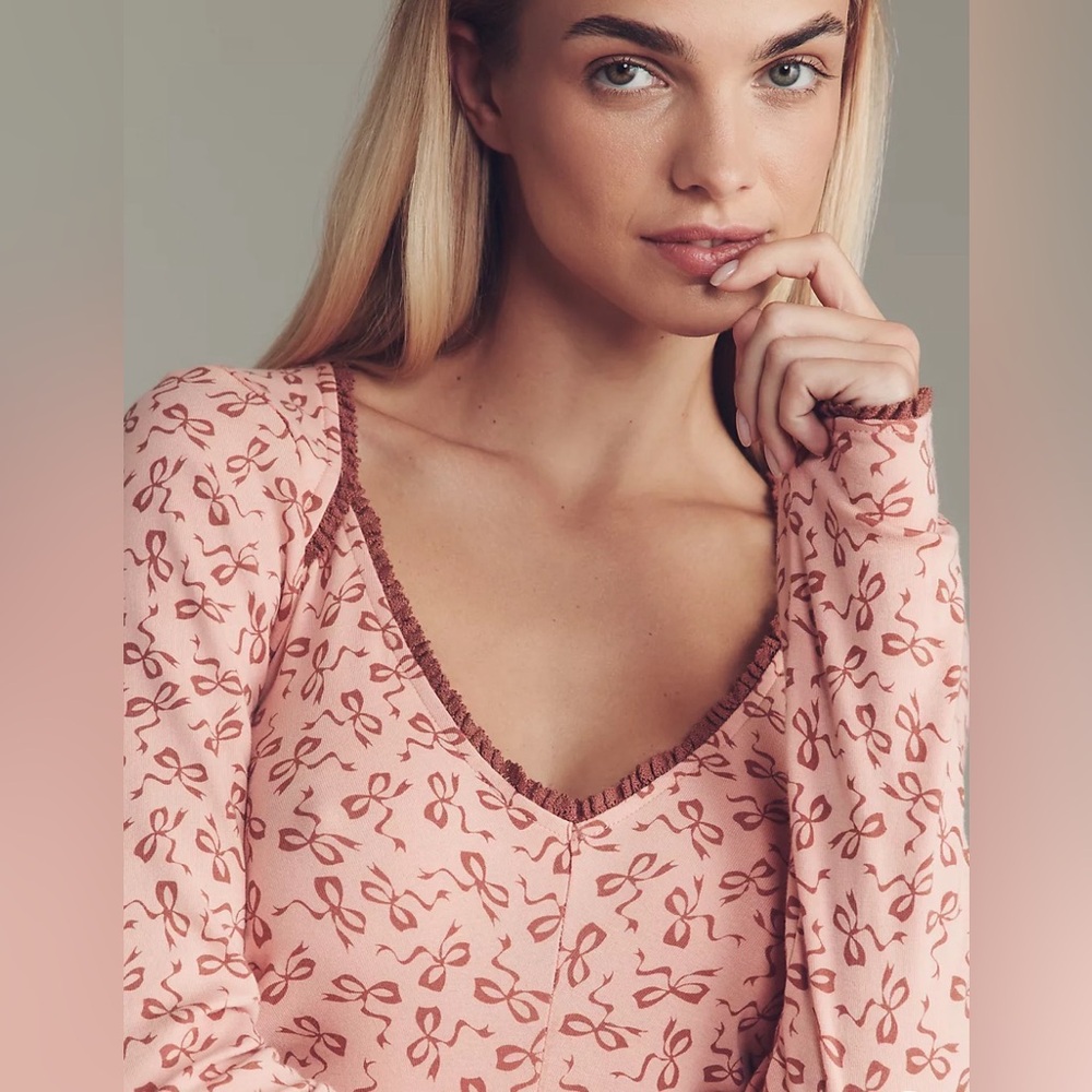 MAEVE Lace Trim Pink‎ Bow Ruched Side Ballet Coquette Long Sleeve Top Size XS